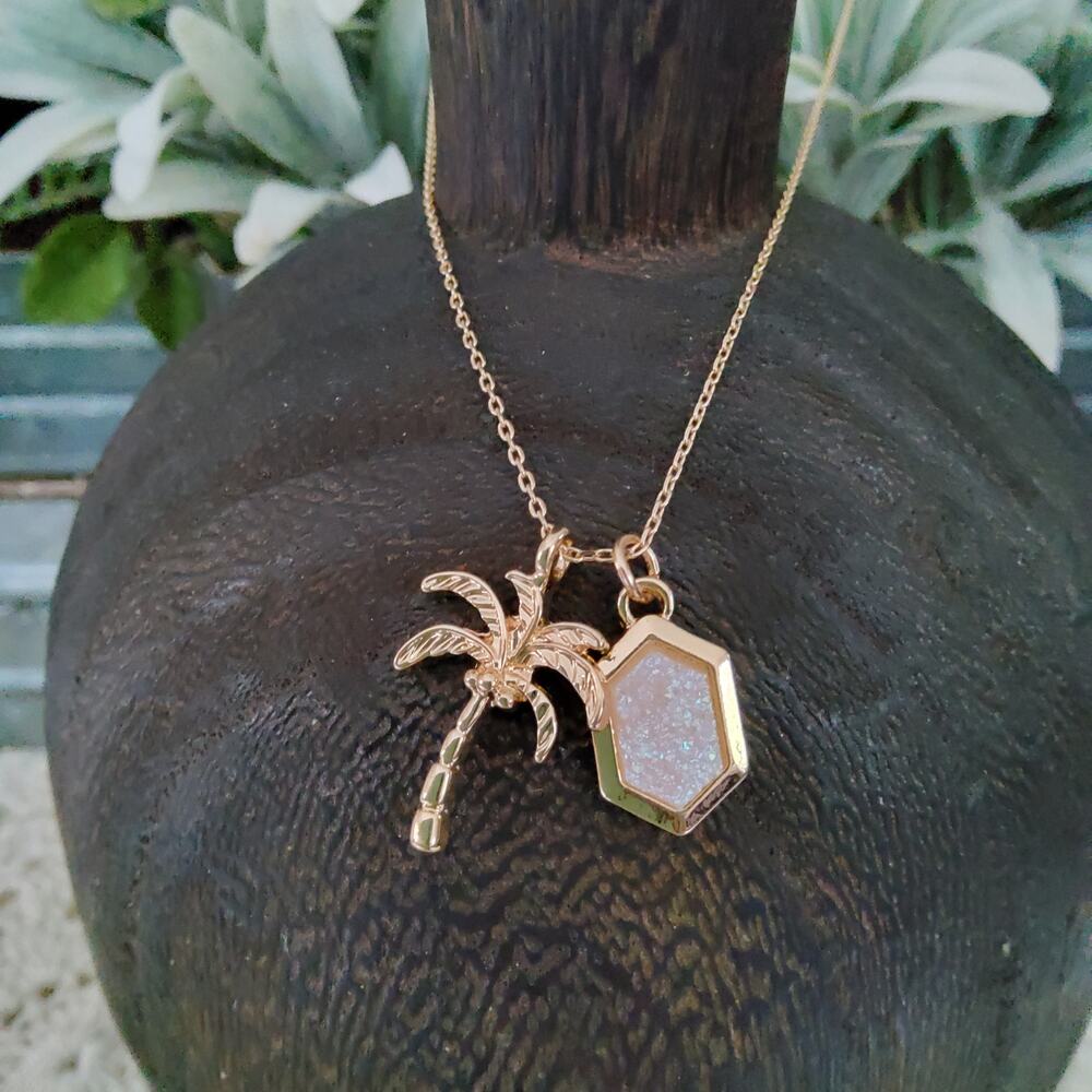 Women's Fashion Palm Tree Hexagon Druzy Gold Tone Necklace